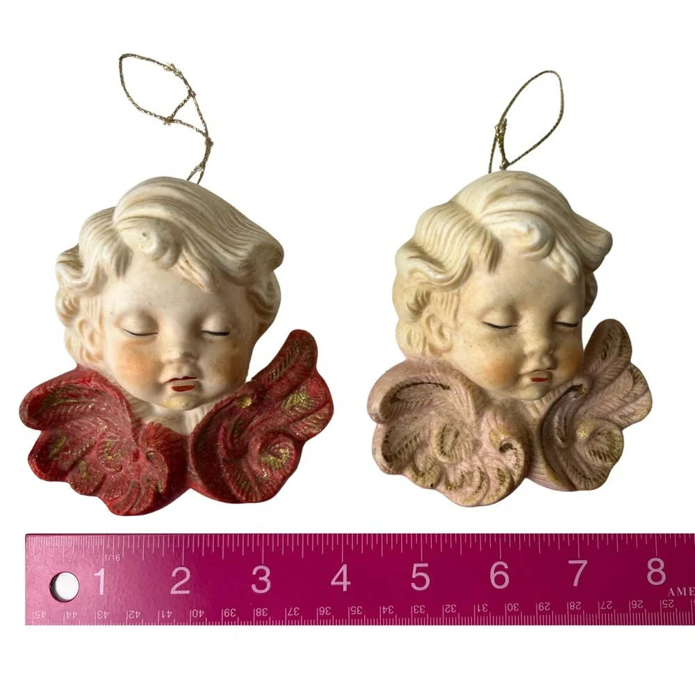 Two Vintage Christmas Cherub Angel Ornament Bisque Porcelain